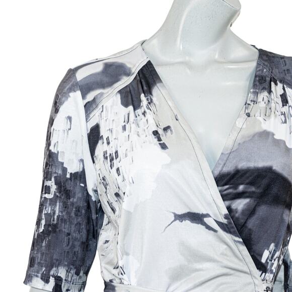 KOMAROV Wrap Dress Gray black Print Waist strap Petite sz L - Picture 8 of 10